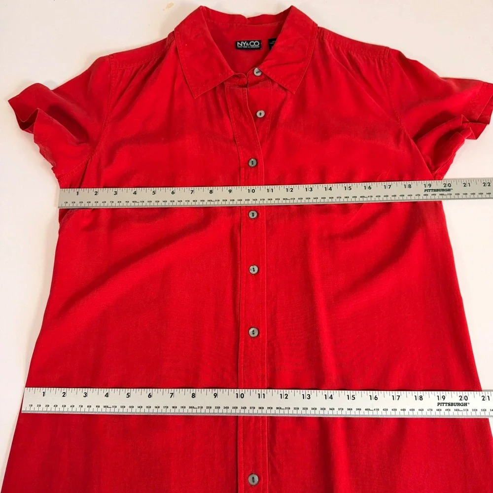 NY & Co 100% Silk Red Shirt Dress Size 10 Button Front Short Sleeve Knee‎ Length